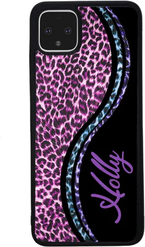 Vista 3 de Funda de goma negra personalizada con piel de leopardo azul y morado compatible con Google Pixel 10, 10 Pro, 10 Pro XL, 9a, 9 Pro, Pixel 9, Pixel 9