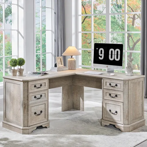 Vista 15 de T4TREAM - Escritorio ejecutivo en forma de L de 59 pulgadas con cajones, escritorio de computadora de madera estilo granja, con estación de carga