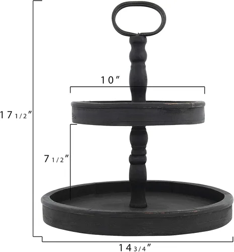 Vista 2 de Creative Co-Op Bandeja de 2 niveles de madera ennegrecida envejecida con mango de metal