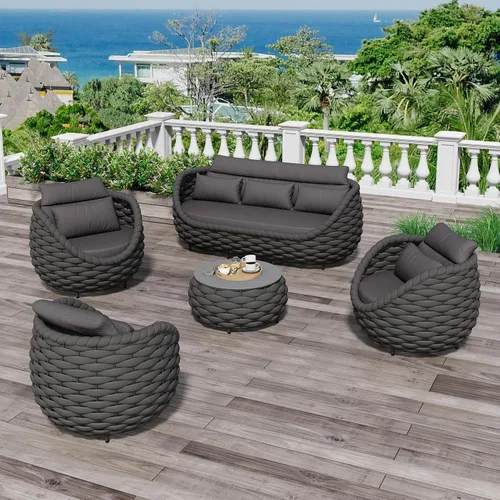 Vista 22 de Juego de muebles de patio de aluminio de 3 piezas: cuerda tejida a mano para conversación al aire libre, juego de 2 cojines modernos montados, juego