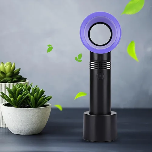 Vista 6 de Mini ventilador de mano sin aspas, mini ventilador de escritorio USB portátil, 3 velocidades, funciona con batería recargable por USB, reduce