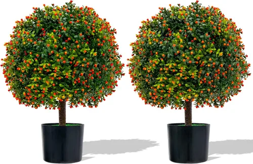 Vista 11 de Goplus Árbol de bola de cedro artificial de 21.5 pulgadas, juego de 2 plantas artificiales en maceta, arbustos artificiales con maceta de cemento