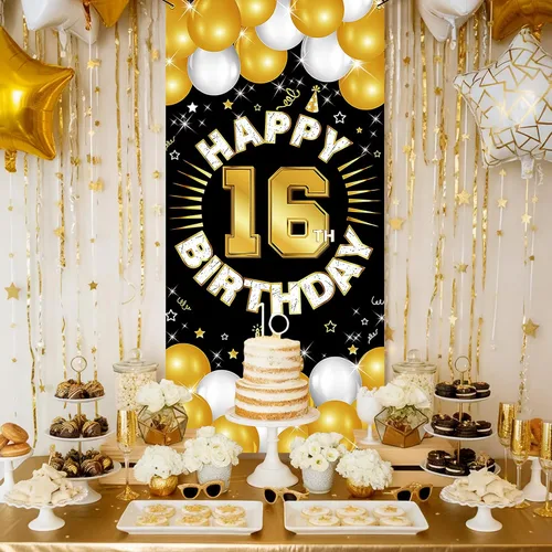 Vista 3 de Decoraciones de feliz cumpleaños número 16 para niños y niñas, pancarta de tela para cumpleaños de 16 años, suministros de fiesta de dieciséis años
