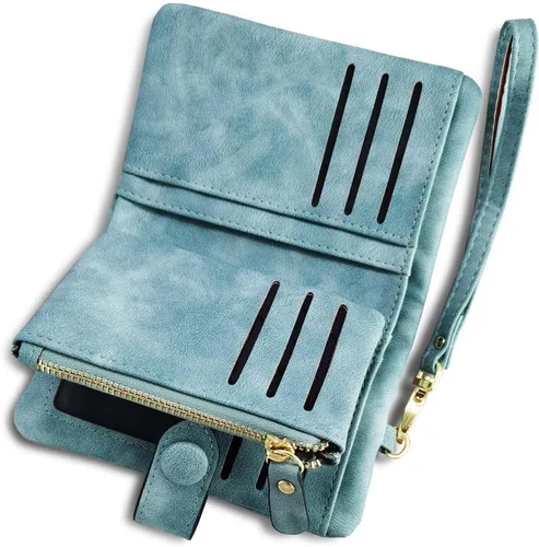 Vista 3 de AOXONEL Cartera pequeña de cuero plegable para mujer, con bloqueo Rfid, con tarjetero y ventana de identificación, monedero