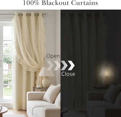 Vista 2 de PONY DANCE 100% Blackout Beige Curtains for Bedroom, Double Layer Room Darkening Drapes with White Ruffle Sheer Overlay, Boho Living Room Decor