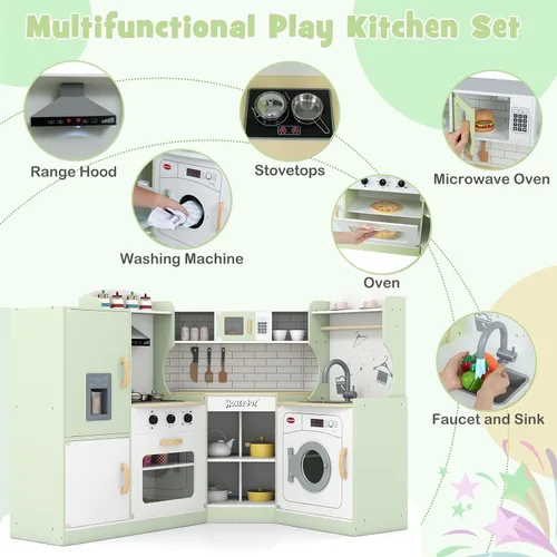 Vista 2 de KOTEK Cocina de juguete de madera para niños con sonido y luz, campana extractora, máquina de hielo, lavadora, microondas, horno, fregadero, traje