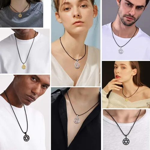 Vista 2 de Stainless Steel Pendant Necklace for Men Women, Cool Punk Shark Teeth Necklace, Cross Necklace, Star Of David Necklace, Black Leather Cord, Come