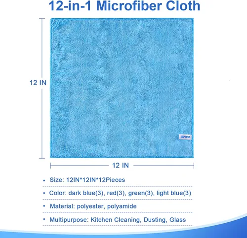 Vista 2 de Paño de limpieza de microfibra, 12 unidades, 12 x 12 pulgadas, alta densidad, 4 colores Household Cleaning Rags, 293GSM, Ultra Absorbent, Reusable