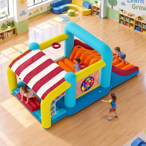 Vista 16 de Albott Inflatable Bounce House Obstacle Course with Blower, for Kids 3-10 Azul océano y verde