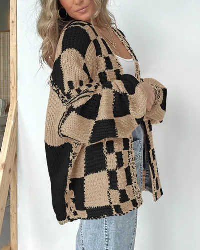 Vista 5 de BTFBM Suéter tipo cárdigan casual para mujer, suéteres de manga larga para Caqui negro (Khaki Black)