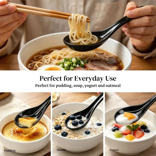 Vista 6 de DOWAN Cucharas de sopa, cucharas de sopa asiáticas de cerámica, cuchara japonesa negra grande para Ramen Pho Wonton Dumpling Miso, diseño de gancho
