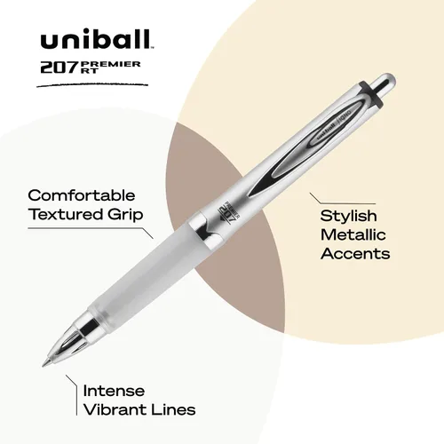 Vista 3 de Uni-Ball 207 Premier, pluma de gel retráctil, punta mediana (1.0mm), negra, 1 paquete Ultra-soft cushioned grip, nano fiber ink, uni Super Ink