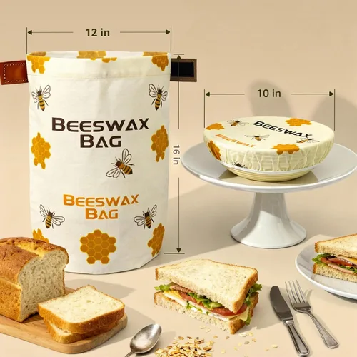 Vista 2 de Bolsas de pan de cera de abejas OHIYO para pan casero y cubierta elástica reutilizable para tazón de fermentación, cubierta elástica para masa