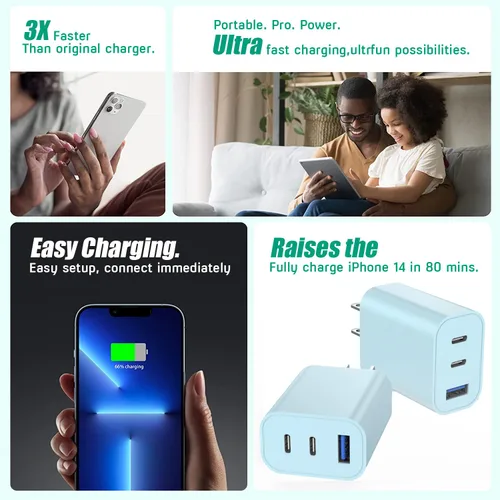 Vista 6 de Paquete de 2 bloques de cargador para iPhone 17, bloque de cargador USB C de 35 W y 3 puertos de carga rápida, enchufe de pared multipuerto USB C