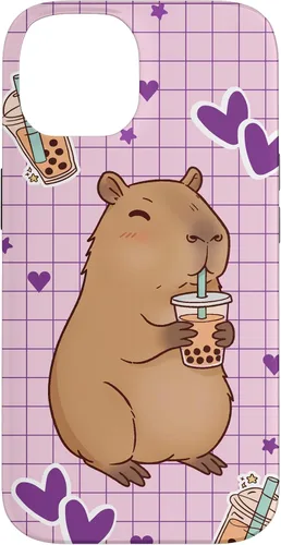 Vista 4 de Funda Kawaii Anime Capybara Beber Boba Bubble Tea Kids Girls para iPhone 17