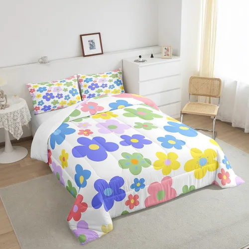 Vista 4 de Lindo juego de edredón de flores para niños y mujeres. Juego de ropa de cama de flores coloridas de dibujos animados, tamaño individual, bonito