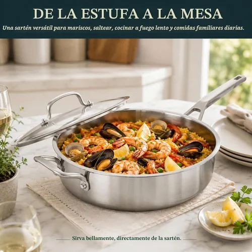 Vista 9 de Yeksum Sartén de acero inoxidable de tres capas, 7 cuartos de galón, sartén de 12 pulgadas de profundidad con tapas, sartén grande de 3 capas