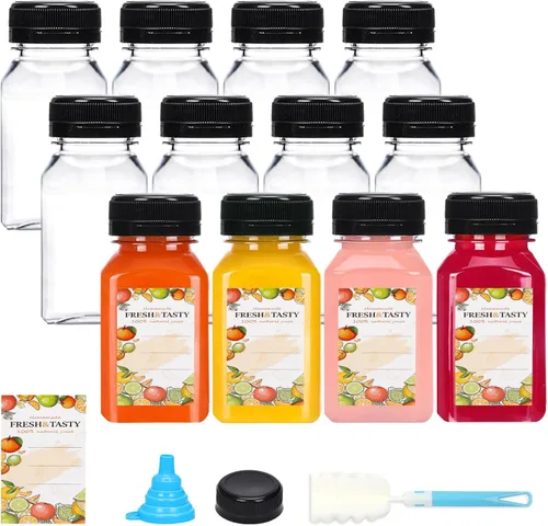 Vista 27 de TOMNK 12 botellas de plástico de 2 onzas con tapas, recipientes reutilizables transparentes a granel para bebidas de jengibre shot, jugo, leche