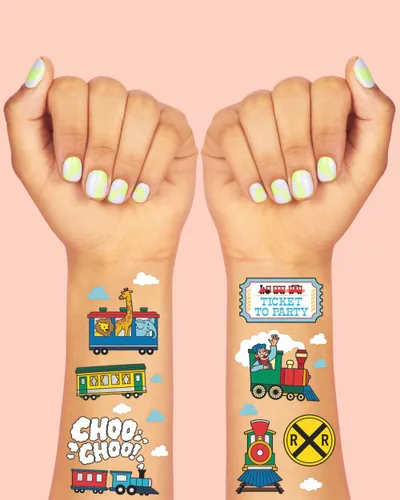 Vista 3 de xo, Fetti Suministros de fiesta de tren tatuajes temporales para niños, 48 estilos, cumpleaños de trenes, recuerdos de fiesta Choo Choo