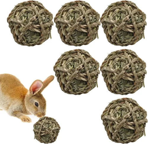 Vista 9 de 6 piezas Bunny Timothy Grass Ball Natural Chew Toy Woven Masticar Juguetes Conejo Molar Pequeños Animales Molar Dientes Adecuado para Hámster