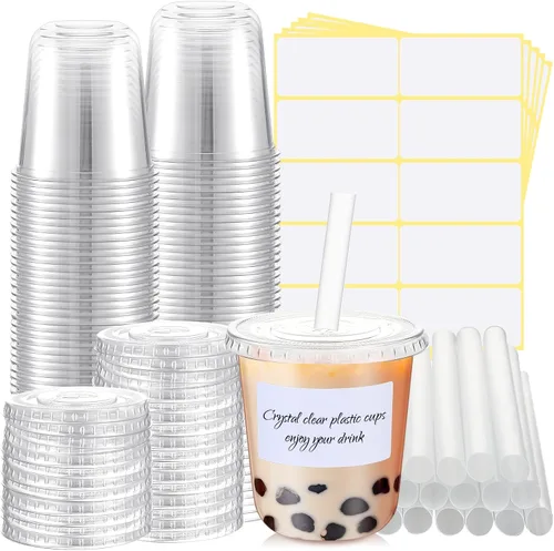 Vista 10 de Ziliny 25 juegos de vasos de plástico transparente con tapas, pajitas y pegatinas, vasos desechables de PET engrosado para café helado, té