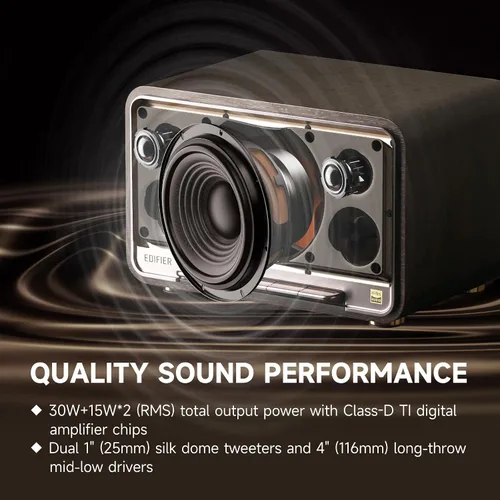 Vista 2 de Edifier Altavoces inalámbricos de mesa D32 de 60 W RMS, audio de alta resolución Bluetooth 5.3 compatible con LDAC, portátil retro de madera Negro