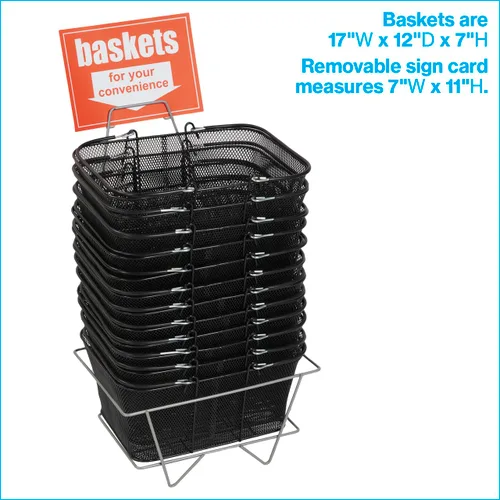 Vista 5 de SSWBasics Cestas de compras de metal negro con soporte y letrero – Juego de 12 – Dimensiones de la cesta 17 pulgadas de ancho x 12 pulgadas