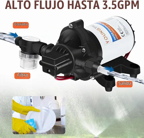 Vista 4 de YOUNGTREE Bomba de diafragma de agua de 12 V CC, 3.5 GPM, 45 PSI, bomba de presión de agua dulce autocebante de 12 voltios con interruptor