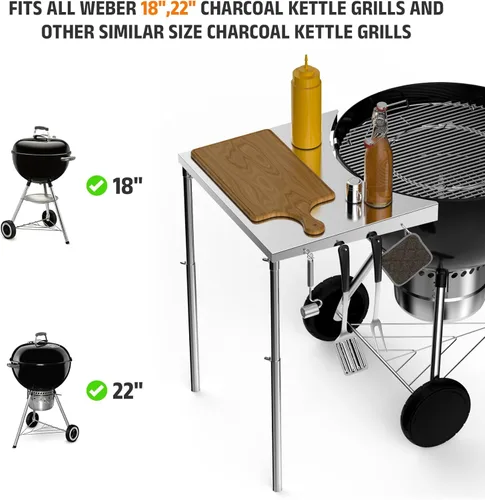 Vista 2 de Stanbroil Mesa de Trabajo de Acero Inoxidable se Ajusta a Todas las Parrillas de Carbón Tipo Kettle Weber de 18", 22" y Otras Parrillas de Carbón
