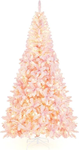Vista 12 de Goplus Árbol de Navidad artificial preiluminado rosa de 6 pies, árbol de Navidad artificial con bisagras con nieve artificial con 808 puntas