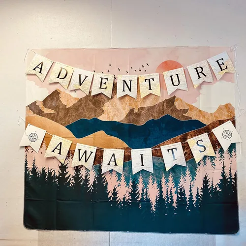 Vista 2 de JeVenis Adventure Awaits - Cartel temático de viaje para baby shower, graduación, fiesta de jubilación, 1 x 1 pulgada, tonos tierra, cuadrado