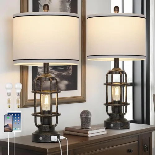 Vista 12 de Modern Table Lamps Set of 2, Industrial 3-Way Dimmable Bedside Lamp with USB A+C Ports & AC Outlet, 25" Touch Control Nightstand Lamp LED Night
