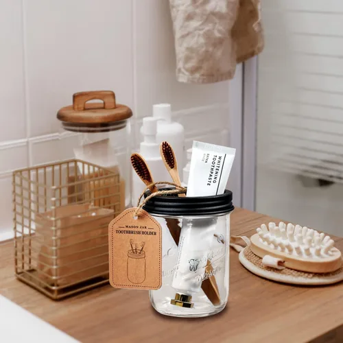 Vista 6 de Amolliar Mason Jar Soporte para Cepillos de Dientes - Acero Inoxidable a Prueba de Óxido - Sostiene 2 Cepillos de Dientes y Pasta Dental, con Negro