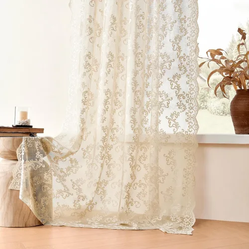 Vista 5 de Cortinas de encaje floral victoriano transparentes - 45 pulgadas de largo, 2 paneles, bolsillo para barra de cocina estilo cafetería, filtro de luz