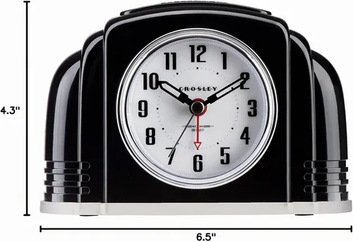 Vista 5 de Reloj despertador analógico vintage art deco Crosley, tictac tradicional, luz inteligente regulable automática, controles simples, (negro)