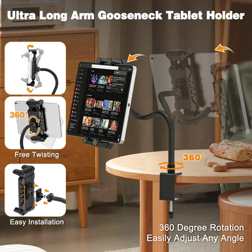 Vista 2 de Soporte para tablet con abrazadera de cuello de cisne para escritorio, compatible con iPad mini/Air/Pro, Kindle Fire HD, Galaxy Tabs y todas