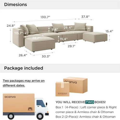 Vista 2 de Acanva Juego de Sofá Seccional Modular de Lujo para Sala de Estar, Sofá de Estilo Moderno Minimalista con Otomana y Chaise, Forma de U, Crema