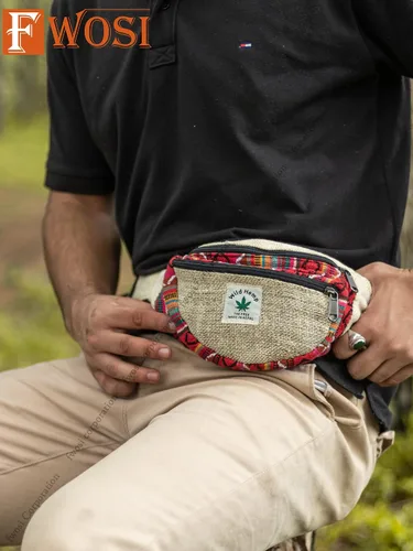 Vista 5 de FWOSI Hippie Style Riñonera de cáñamo puro para el vientre, para hombres y mujeres, para senderismo, viajes, bolsa de playa bohemia para uso