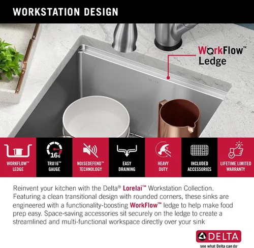 Vista 6 de DELTA FAUCET Lorelai - Lavaplatos de estación de trabajo de barra de 17 pulgadas para cocina, montaje bajo encimera, acero inoxidable calibre 16
