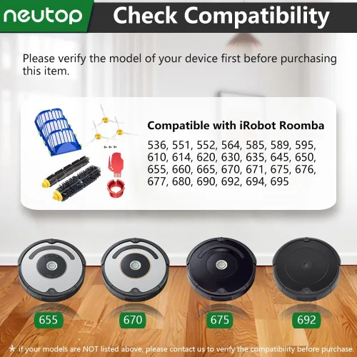 Vista 2 de Piezas de repuesto compatibles con iRobot Roomba 675 677 671 670 665 655 645 694 692 614, incluye batidor flexible y cepillo de cerdas herramienta