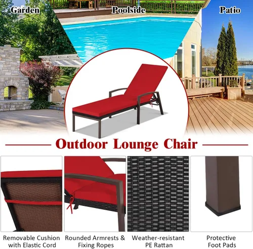 Vista 2 de RELAX4LIFE Tumbona para exteriores, silla de piscina de ratán ajustable de 5 posiciones con cojín, silla reclinable, marco de metal, tumbona de Rojo