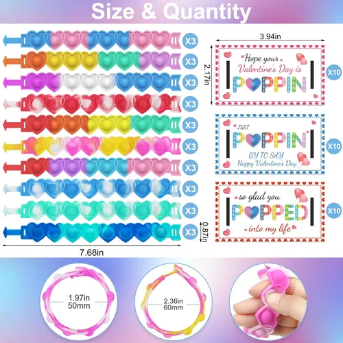 Vista 7 de AYGXU 30 regalos para el día de San Valentín. Tarjetas de San Valentín para el aula y la escuela. Pulseras POP de corazón. Tarjetas de intercambio