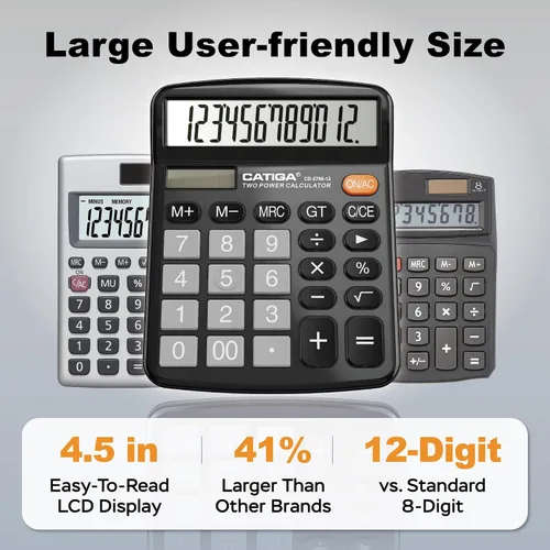 Vista 2 de CATIGA - Calculadora de escritorio de 12 dígitos, calculadoras de escritorio con pantalla LCD grande y botones grandes, calculadora solar básica