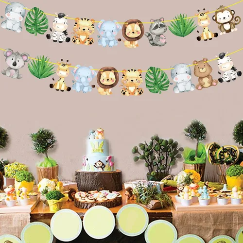 Vista 8 de Pancartas de safari en la selva, 2 unidades, animales de safari, fiestas de cumpleaños, decoraciones de guirnalda de fiesta temática para Wild One