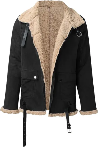 Vista 3 de Chaqueta de piel sintética para hombre, chaqueta de piel sintética de gamuza, abrigo de invierno casual con solapa y forro de sherpa