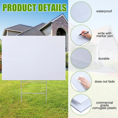 Vista 3 de Leinuosen 10 juegos de letreros de plástico corrugado de 24 x 36 pulgadas, letreros en blanco para patio con estacas en H corrugado, hoja de cartel