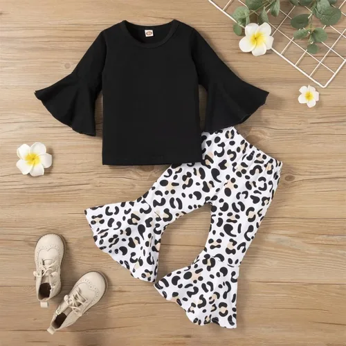 Vista 4 de SHAGMTLI Toddler Baby Girl Bell-Bottom Pants Leggings Outfit Suit Little Girls Flared-Sleeve Top + Leopard Printed Trousers