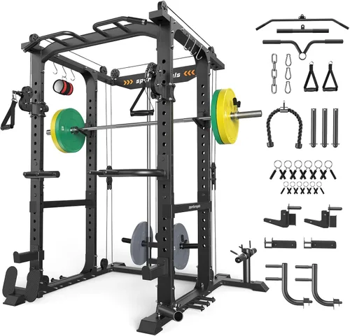 Vista 12 de Sportsroyals Jaula de Potencia, Rack de Potencia Multifuncional de 1600 libras con Sistema de Cruce de Cable Ajustable y Más Accesorios