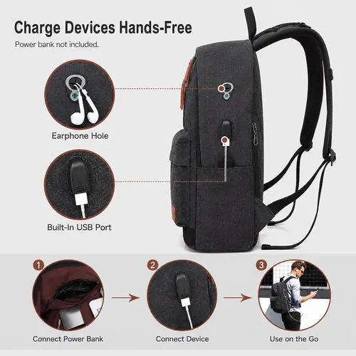 Vista 4 de Mochila de lona para laptop, mochila escolar impermeable con carga USB, 17.32in X 12.6in X 6.0in, Mochilas Daypack