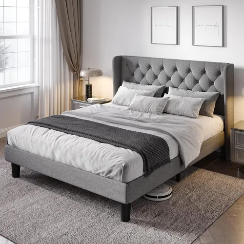 Vista 14 de Allewie Base de cama de tamaño matrimonial con cabecera copetuda con botones en la parte trasera, marco de cama tapizado moderno con soporte